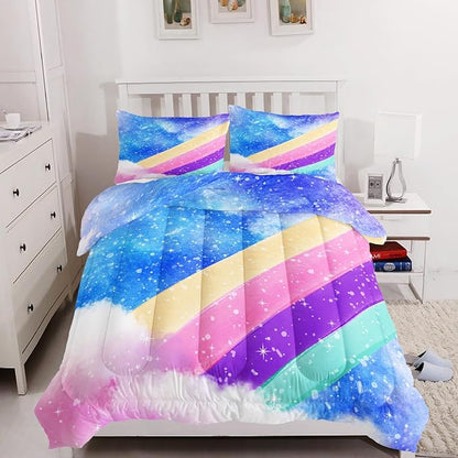 3 Piece Rainbow Twin Size Comforter Set for Teen Girls Adults,Stars Soft Bedding Sets All Season,Blue Space Quilt Set Season Alternative Down Bedding with 2 Pillowcase