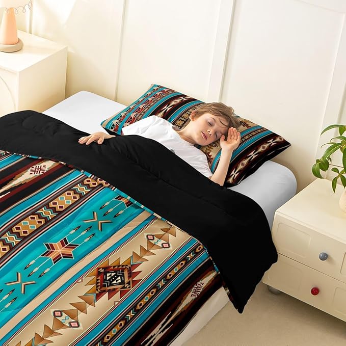 Aztec Bedding Set Ethnic Tribal Arrow Comforter Set,Vintage Southwestern Native Bohemian Quilt Twin,Western Star Duvet Insert Exotic Geometric Diamond Stripes Room Decor,Teal Blue and Brown