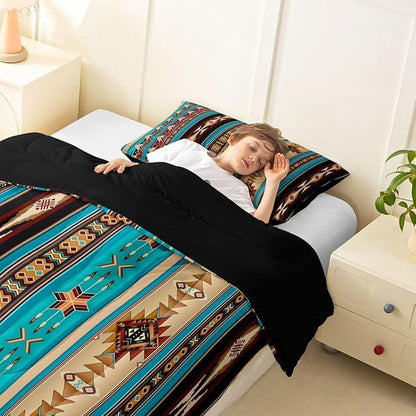 Aztec Bedding Set Ethnic Tribal Arrow Comforter Set,Vintage Southwestern Native Bohemian Quilt Twin,Western Star Duvet Insert Exotic Geometric Diamond Stripes Room Decor,Teal Blue and Brown
