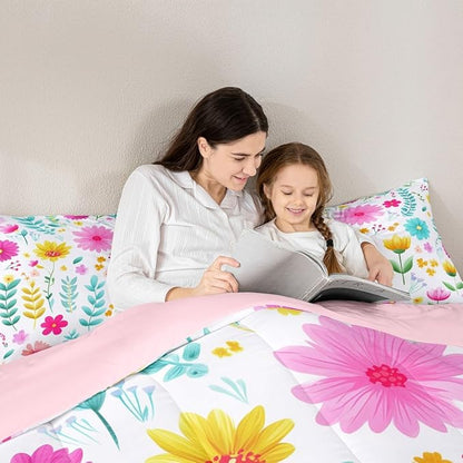 Manfei Watercolor Floral Comforter Set King Size,Botanical Flower Leaves Bedding Set 3pcs,Cartoon Cute Blossom Down Comforter for All Season,Kids Boys Girls Room Decor,2 Pillowcases,No Sheets