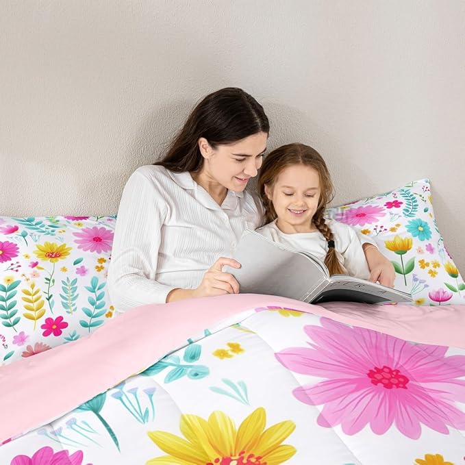 Manfei Watercolor Floral Comforter Set Toddler Size,Botanical Flower Leaves Bedding Set 2pcs,Cartoon Cute Blossom Down Comforter for All Season,Kids Boys Girls Room Decor,1 Pillowcase,No Sheets