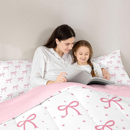 Erosebridal Pink Bow Girls Bedding Set Toddler Coquette Bows Comforter Set for Teen Girls Kids Women Bedroom Ribbon Bowknot Comforter Girly Preppy Dreamy Princess Quilt Duvet