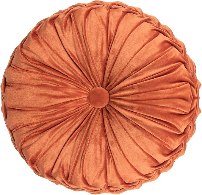 Round Throw Pillow Velvet Home Decoration Soft Pleated Pumpkin Round Floor Cushion for Couch Chair Bed Car Decorative (Orange14inch)