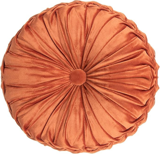 Round Throw Pillow Velvet Home Decoration Soft Pleated Pumpkin Round Floor Cushion for Couch Chair Bed Car Decorative (Orange14inch)