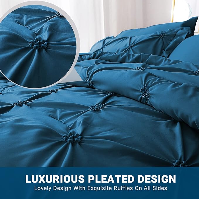 JOLLYVOGUE Teal Twin Size Comforter Sets 5 Pieces, Pintuck Bed in a Bag Comforter Set for Bedroom, Bedding Comforter Sets with Comforter, Sheets,Ruffled Shams & Pillowcases
