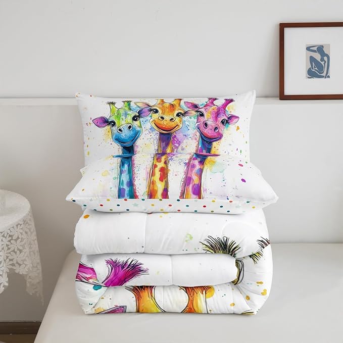 Manfei Watercolor Giraffe Comforter Set for Kids Adults,Rainbow Paint Graffiti African Wildlife Bedding Comforter Sets Queen,Hand Drawm Animals Cartoon Quilt Comforter with 2 Pillowcases