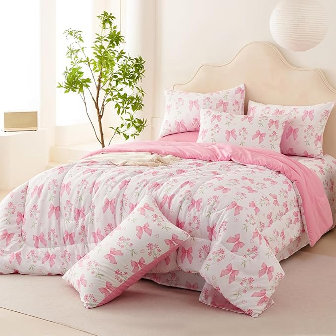 Pink Bow Comforter Set Queen 3Pcs Pink Floral Bedding Set for Girls Kids Romantic Princess Style Bowknot Bedding Ultra Soft Reversible Garden Flower Comforter Sets with 2 Pillowcases
