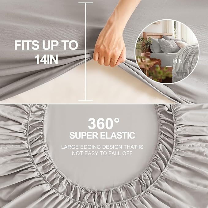 Grey Tufted Comforter Set King Size 7 Piece Bed in a Bag，Shabby Chic Boho Bedding for Bedroom Comforter，All Season Soft Microfiber Ruffle Comforter Set with Pillow and Sheets