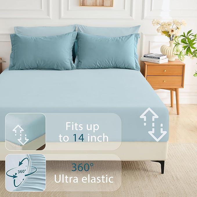 MUXHOMO 7 Pieces Queen Comforter Set, Soft Bed in a Bag Queen Size, All Season Bedding Set with Comforter, Flat Sheet, Fitted Sheet, Pillowcases & Shams, Mineral Blue & Light Blue