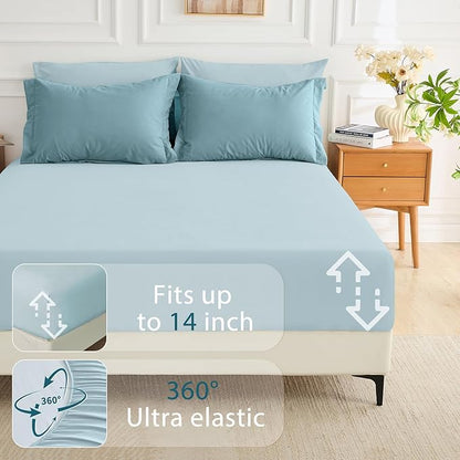 MUXHOMO 7 Pieces King Comforter Set, Soft Bed in a Bag King Size, All Season Bedding Set with Comforter, Flat Sheet, Fitted Sheet, Pillowcases & Shams, Mineral Blue & Light Blue