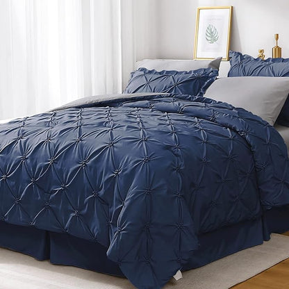 JOLLYVOGUE Navy Blue/Gray Cal King Size Comforter Sets 7 Pieces, Pintuck Bed in a Bag Comforter Set for Bedroom, Bedding Comforter Sets with Comforter, Sheets,Ruffled Shams & Pillowcases