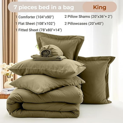 MUXHOMO 7 Pieces King Comforter Set, Soft Bed in a Bag King Size, All Season Bedding Set with Comforter, Flat Sheet, Fitted Sheet, Pillowcases & Shams, Olive Green