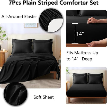 CozyLux Full Size Comforter Sets - 7 Piece Bed in a Bag Black Comforter Set with Sheets Luxury Bed Set All Seasons, Soft Bedding Set with Down Alternative Comforter, Sheets, Pillowcases & Shams