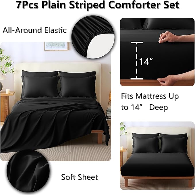 CozyLux Queen Size Comforter Sets - 7 Piece Bed in a Bag Black Comforter Set with Sheets Queen Bed Set All Seasons, Soft Bedding Set with Down Alternative Comforter, Sheets, Pillowcases & Shams