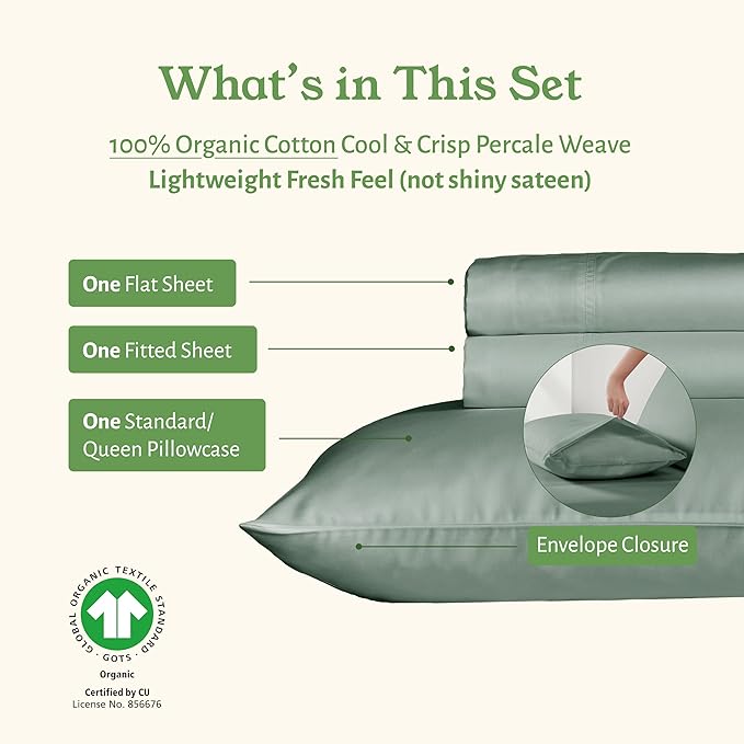 California Design Den Twin XL Bed Sheets Set - Soft 100% Organic Cotton, Cool Percale Sheets, Deep Pockets with Anti-Skid Elastic, Breathable and Durable Bedding Set for Dorm Room - Sage Green