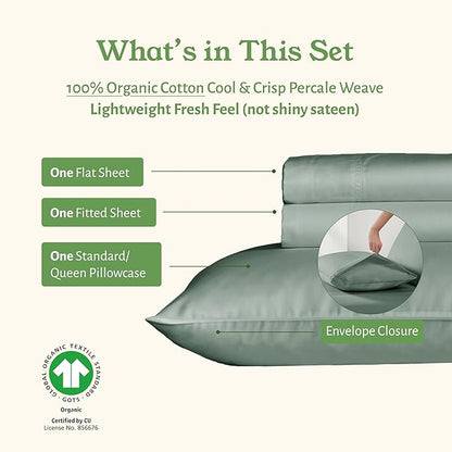 California Design Den Twin XL Bed Sheets Set - Soft 100% Organic Cotton, Cool Percale Sheets, Deep Pockets with Anti-Skid Elastic, Breathable and Durable Bedding Set for Dorm Room - Sage Green