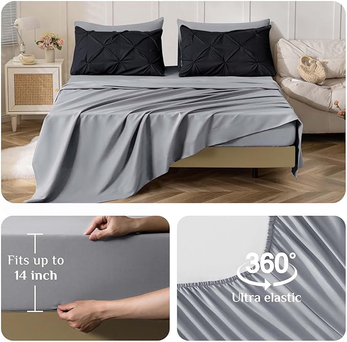 JOLLYVOGUE Cal King Comforter Set 7 Pieces - Bed in a Bag Cal King for All Season, Pintuck Bedding Comforter Sets with Comforter, Flat Sheet, Fitted Sheet and Pillowcases & Shams, Black & Light Grey