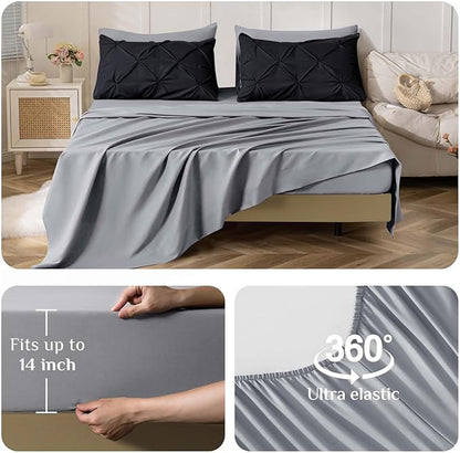 JOLLYVOGUE Cal King Comforter Set 7 Pieces - Bed in a Bag Cal King for All Season, Pintuck Bedding Comforter Sets with Comforter, Flat Sheet, Fitted Sheet and Pillowcases & Shams, Black & Light Grey
