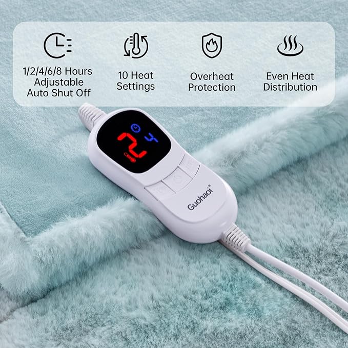 Guohaoi Heated Blanket Electric Throw, Soft Faux Rabbit Fur Electric Blanket with 10 Heating Levels 5 Sitting Timer Auto Off, Cozy Warm Heating Blankets, Machine Washable(72"×84" Blue)