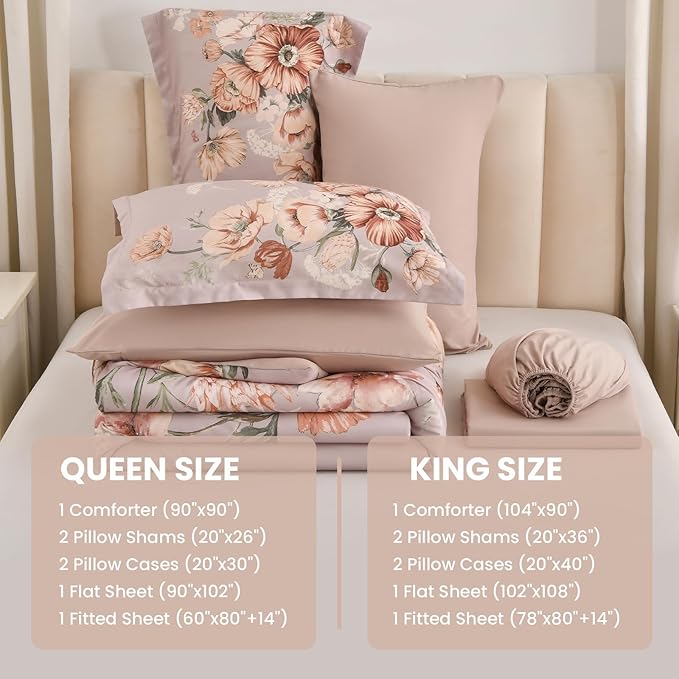 King Size Comforter Set - 7 Pieces Floral Comforter and Sheet Set, Khaki King Size Bed in a Bag, Soft Microfiber Flower Complete Bedding Set for All Seasons（Khaki,104"x90"）