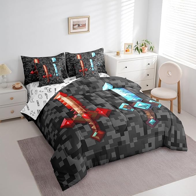Red Blue Sword Bedding Set Queen,Sandbox Building Games 7Pcs Comforter Set for Kids Boys Teens Men Room Decor,Pixelated Style Swords Fitted Flat Sheet Grey Black Camo 2 Throw Pillow,2 Pillowcases