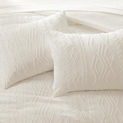 Queen Comforter Set White, Tufted Boho Bedding Farmhouse Bed Set, All Season 7 Pieces Bed in a Bag with Sheets, Pillowcases & Shams