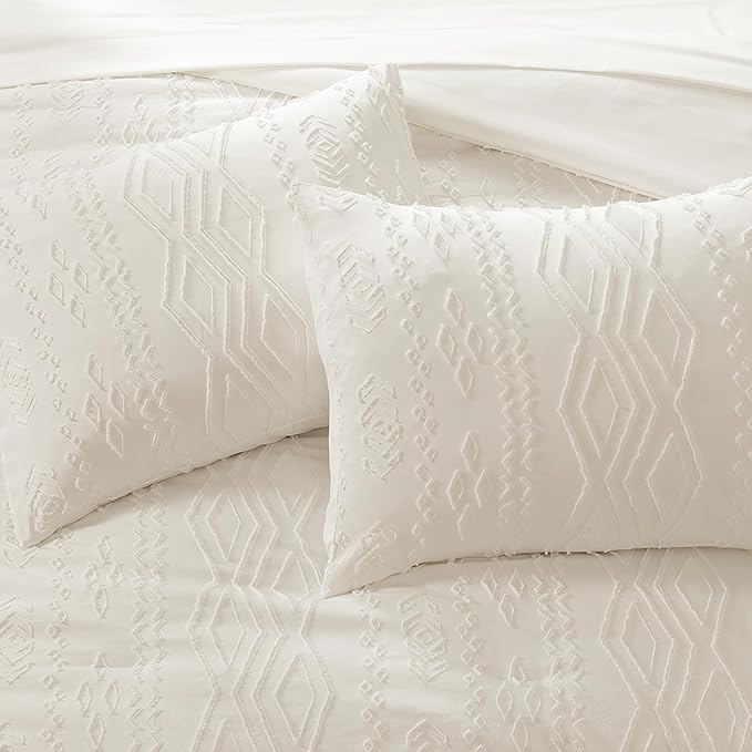 King Size Comforter Set White, Tufted Boho Bedding Farmhouse Bed Set, All Season 7 Pieces Bed in a Bag with Sheets, Pillowcases & Shams