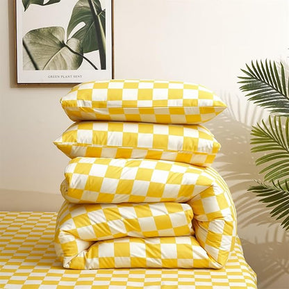 Houseri Plaid Comforter Set King 3 PCS White and Light Yellow Buffalo Checkered Bedding King Size Soft Comfy Women Men Luxury Bright Yellow Grid Checkerboard Gingham Bed Quilt Blanket