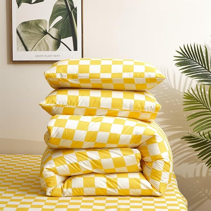 Houseri Yellow and White Comforter Set Queen Buffalo Plaid Light Yellow Bedding Grid Comforters Queen Size Women Girls Bright Yellow Checkerboard Comforter Elegant Yellow Gingham Bedding Blanket Queen