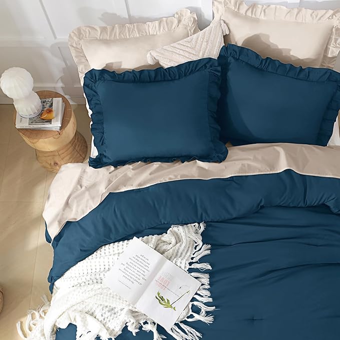 Andency Navy Blue Queen Comforter Set, 3 Pieces Boho Lightweight Solid Bedding Sets for Queen Bed, Fluffy Soft Double Women Men Microfiber Bedding Set