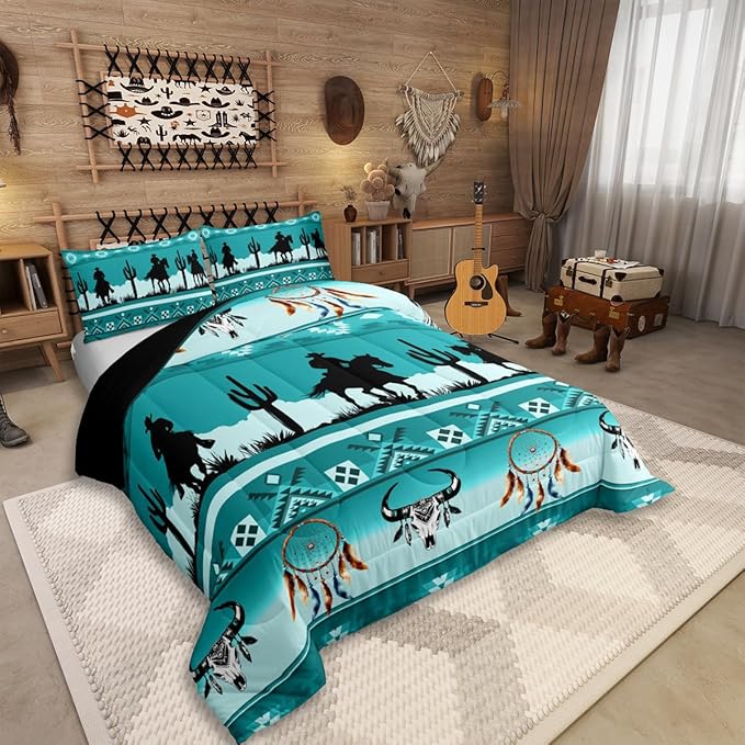 Erosebridal Queen Size Western Comforter Set Longhorn Skull Dream Catcher Boho Bedding Set for Kids Boys Teens Adult Bedroom, Cowboy Horse Western Quilt Southwestern Geometric Duvet Insert, Teal