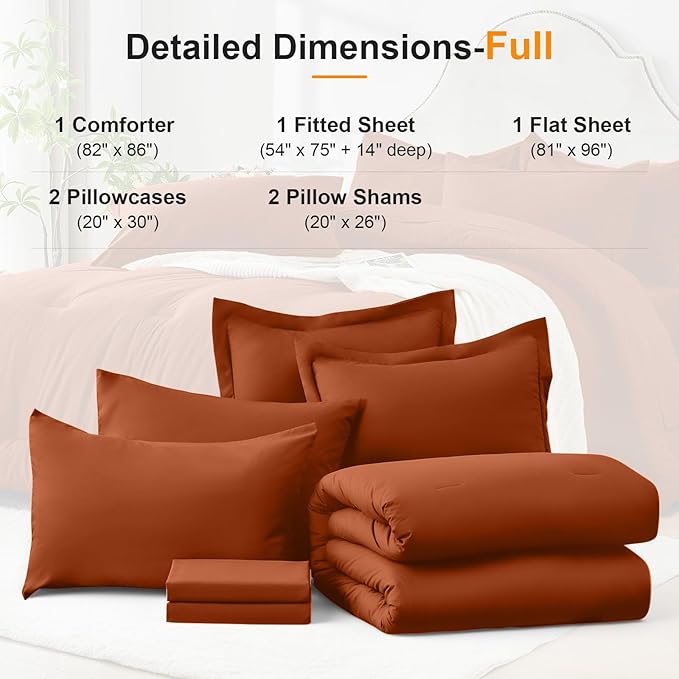Full Comforter Set 7 Piece - Soft Bed in a Bag Queen Size Comforter Sets, Cozy Luxury Bedding Sets with All Season Comforter, Flat Sheet, Fitted Sheet,2 Pillowcases & 2 Shams, Orange