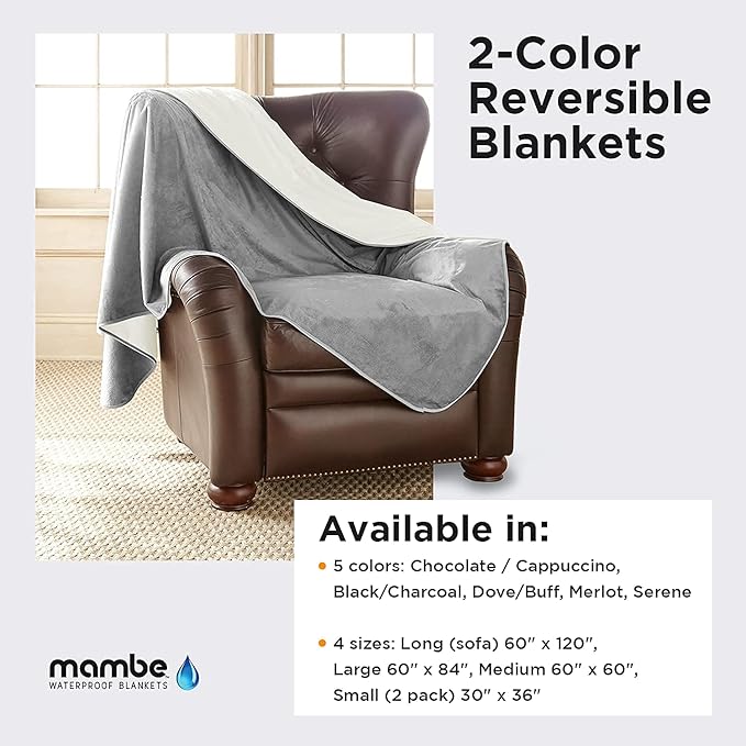 Mambe Silky Waterproof Throw for Protecting Furniture Bed Couch from Stains Caused by Dogs, Cats, Incontinence. Soft, Washable, Reversible. (Size Medium 70x70 inches, Color Buff/Dove)