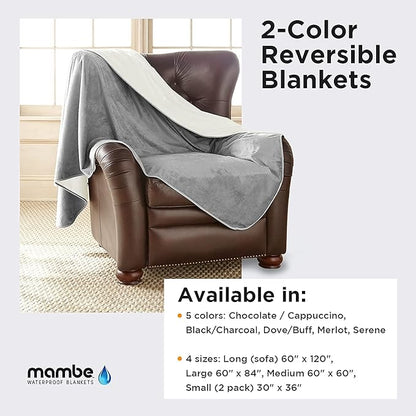 Mambe Silky Waterproof Throw for Protecting Furniture Bed Couch from Stains Caused by Dogs, Cats, Incontinence. Soft, Washable, Reversible. (Size Medium 70x70 inches, Color Buff/Dove)