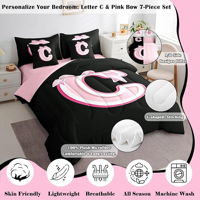jejeloiu Kids Girls Black Pink Bow Comforter Set with Sheets Queen Size Monogrammed 7 Piece Bedding Set Personalized Initial C Bed in a Bag with Comforter,Sheets,Pillowcases Modern Fashion Bed Set