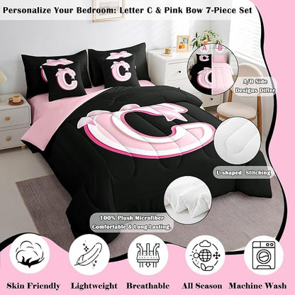 jejeloiu Kids Girls Black Pink Bow Comforter Set with Sheets King Size Monogrammed 7 Piece Bedding Set Personalized Initial C Bed in a Bag with Comforter,Sheets,Pillowcases Modern Fashion Bed Set