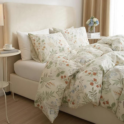 mixinni Floral Comforter Sets King Size Bed Fluffy Green Leaves Red Flower Print on White Comforter Set, 3 Pieces Cute Botanical Bedding Set with 2 Pillowcases for All Season