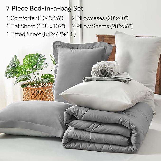 BEDELITE California King Size Comforter Set 7 Pieces Bed in A Bag - Soft Microfiber Reversible Cal King Grey Bed Set with Comforters, Sheets, Pillowcases & Shams, Cozy Bedding Sets for All Season