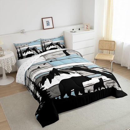 Feelyou Western Rustic Bear Comforter Set Queen Size, Wildlife Hunting Quilt Set with 2 Pillowcases, Forest Animal Wildlife Bedding Set 3pcs for Kids Boys Teens Room Decor, Farmhouse Duvet Insert