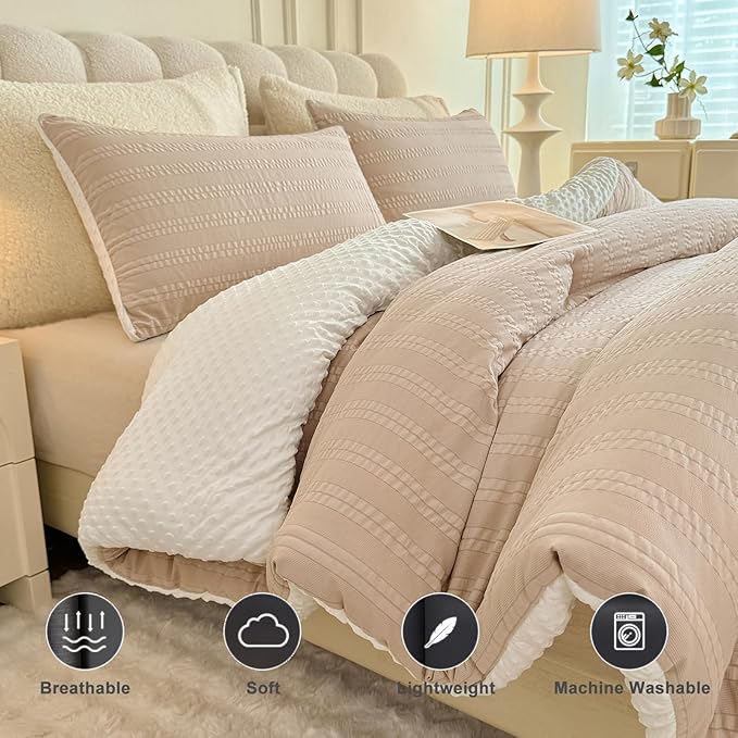 Boho Comforter Set Twin Size Striped Pleats Bohemian Seersucker Bedding Set All Season Soft Cozy 2 Pieces Quilt with 1 Pillowcase(68"X90" Beige)