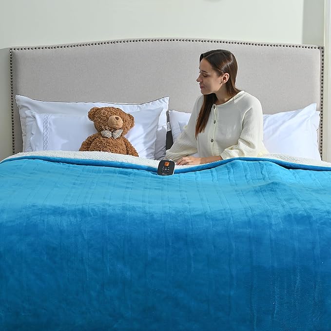 Heated Electric Blankets - Soft Flannel Heating Throw Electric Blanket with 6 Heat Settings Full Size 77" × 84" Teal - Velvet & Sherpa