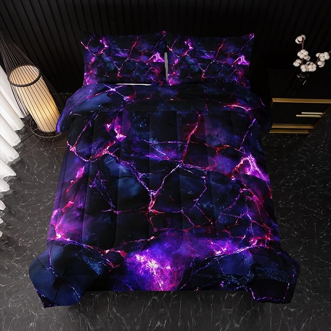 Purple Comforter Set Queen Size，Purple Marble Bedding Set 3 Pcs Bedding for Adults,Violet Marble Room Decor with Soft and Lightweight Comforter and 2 Pillowcases