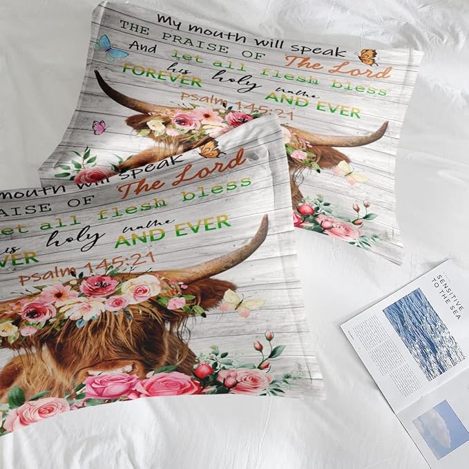 Comforter Set Full Size, Highland Cow Animal 3 Pcs Soft Bedding Set for Kids and Adults, Spring Farm Wood Flowers Comforter Set with 2 Pillowcases, for Bedroom Bed Decor