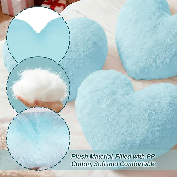 Nydotd Heart Pillows Cute Fuzzy Throw Pillow Blue Love Heart Shaped Decorate Pillows for Bed Livingroom Sofa Gifts Home Decor Cushion Small 11.8" x 10"