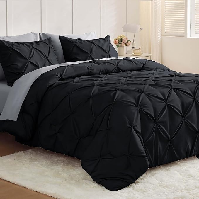 JOLLYVOGUE Twin Comforter Set 7 Pieces - Bed in a Bag Twin for All Season, Pintuck Bedding Comforter Sets with Comforter, Flat Sheet, Fitted Sheet and Pillowcases & Shams, Black & Light Grey
