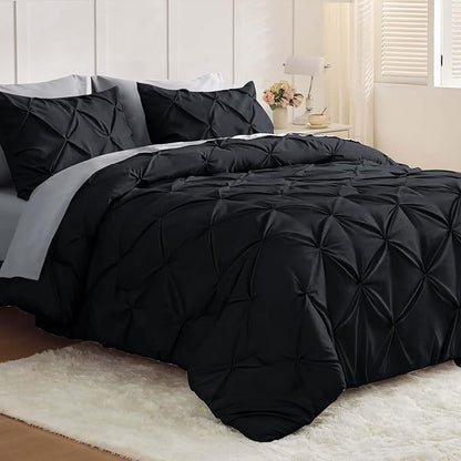 JOLLYVOGUE Cal King Comforter Set 7 Pieces - Bed in a Bag Cal King for All Season, Pintuck Bedding Comforter Sets with Comforter, Flat Sheet, Fitted Sheet and Pillowcases & Shams, Black & Light Grey