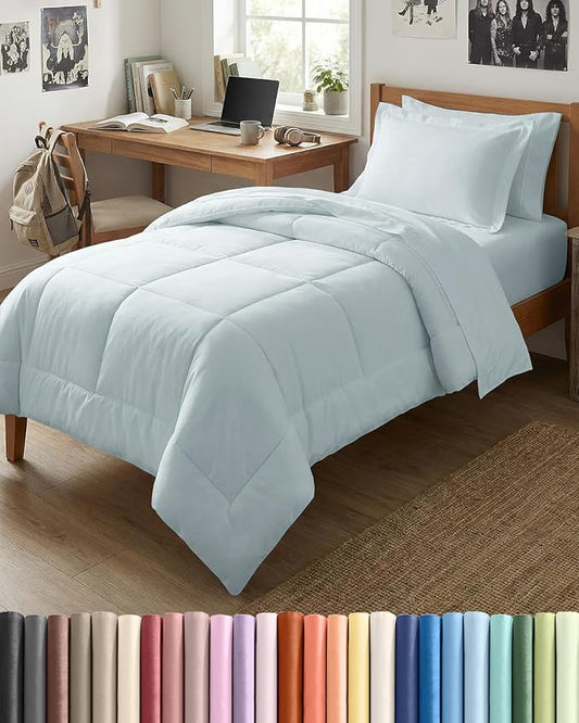 Twin XL Comforter Set - 5 Piece Bed in a Bag Twin XL Size Bed Set - Down Alternative Comforter, Flat Sheet, Fitted Sheet, Pillowcase & Sham for All Seasons - Ultra Soft, Comfy, Breathable - Ice Blue