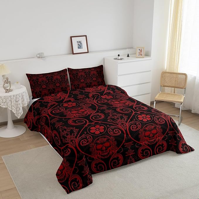Feelyou Adults Red Vintage Damask Floral Comforter Set Oriental Antique Comforter Full Size Exotic Sugar Skull Rose Bedding Set Gothic Bohemia Boho Duvet Set Quilt Set 3Pcs