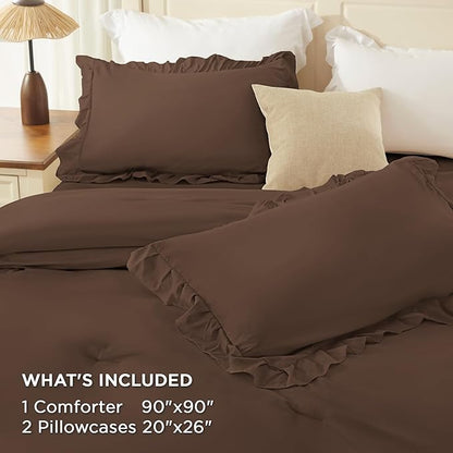 Andency Brown Queen Comforter Set (90x90Inch), 3 Pieces Lightweight Fluffy Ruffle Bedding Comforter Sets for Queen Bed, Farmhouse Shabby Chic Soft All Season Bed Set