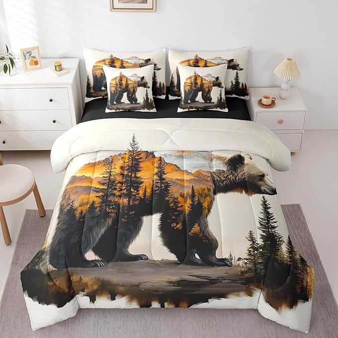 Rustic Kids Comforter Set Twin, Forest Bear Bedding for Adults, Farmhouse Animal Print Bedding Sets for Teen Boys Country Cabin Decor Woodland Bear Wildlife Bed Set Bedroom Decor 7 Pieces